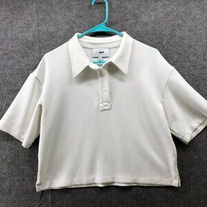 Le‎ Bop Cropped Polo Shirt Womens L Short Sleeve White Scuba